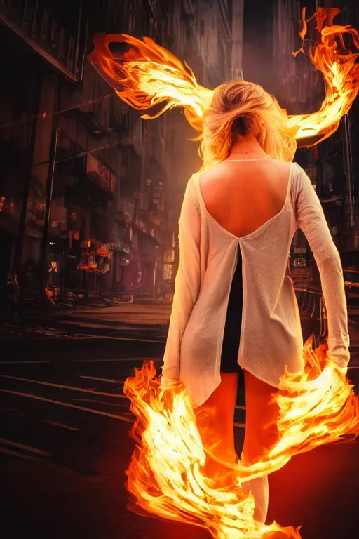 Image similar to young blonde woman from behind with flames dancing on her hands with a long jacket in a cyberpunk city, realistic, high definition, 4K, shimmering color, art of pixal