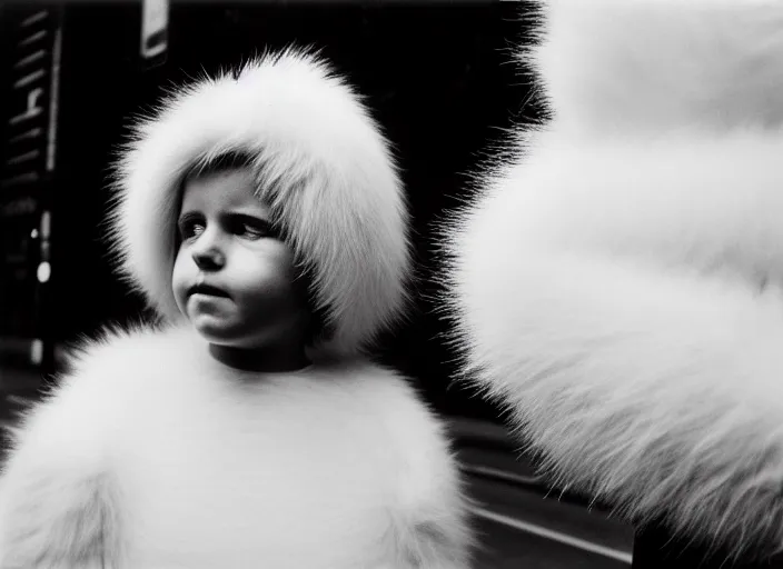 Prompt: realistic documentary portrait closeup photo of a girl slowly morphing into white hairy fur fluffy cloud, common street, front view, grain 1 9 9 0, life magazine reportage photo, metropolitan museum photo