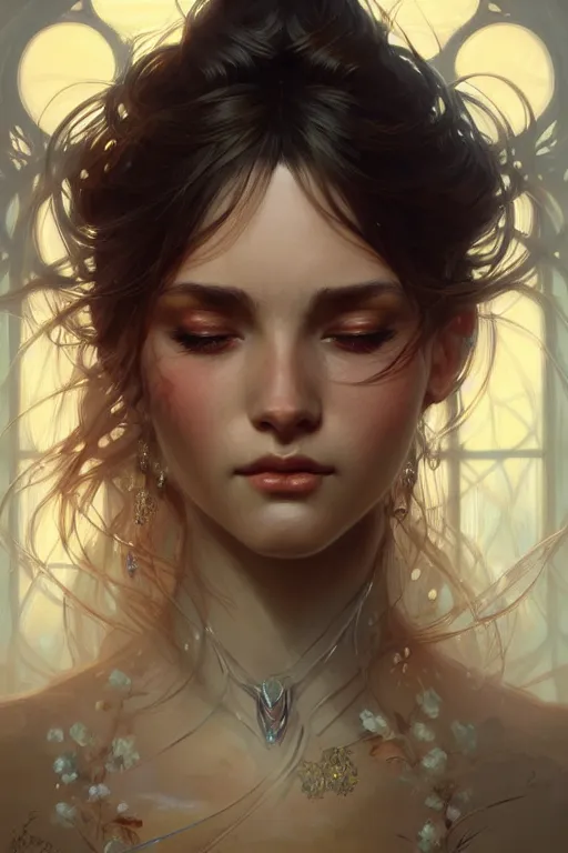 Prompt: up close portrait of a beautiful girl spirit, d & d, face, fantasy, intricate, elegant, highly detailed, digital painting, artstation, concept art, smooth, sharp focus, illustration, art by artgerm and greg rutkowski and alphonse mucha