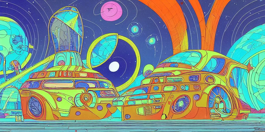 Prompt: traditional drawn colorful animation a car with solo man to valley symmetrical architecture on the ground, space station planet afar, planet surface, ground, tree, outer worlds extraterrestrial hyper contrast well drawn Metal Hurlant Pilote and Pif in Jean Henri Gaston Giraud animation film The Masters of Time FANTASTIC PLANET La planète sauvage animation by René Laloux