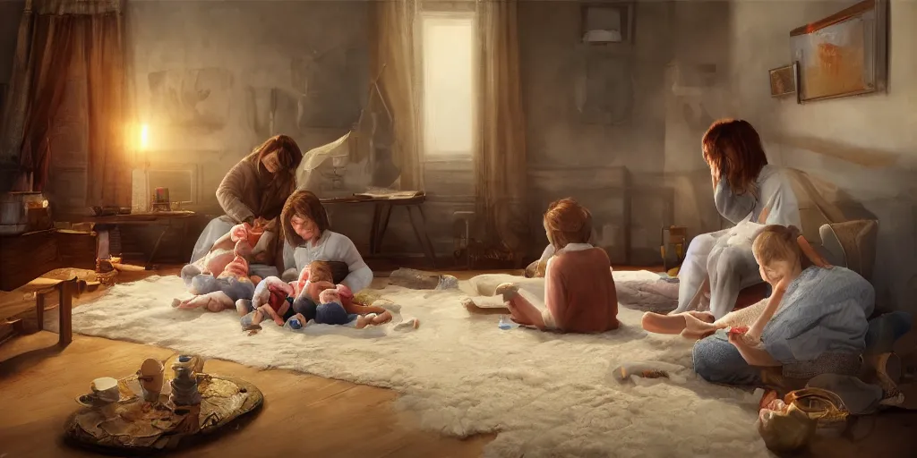 Prompt: family sick with the flu, ultra realistic, cozy, warm lighting, high art, oil painting, 8 k resolution