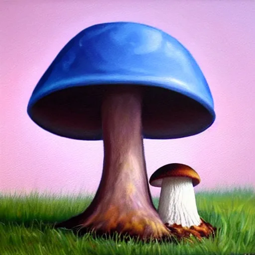 Image similar to a professional oil painting of a cute creature sitting next to a mushroom, detailed, realistic