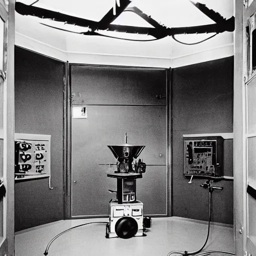 Image similar to interior of alien laboratory with strange device at the center of a room, color photograph