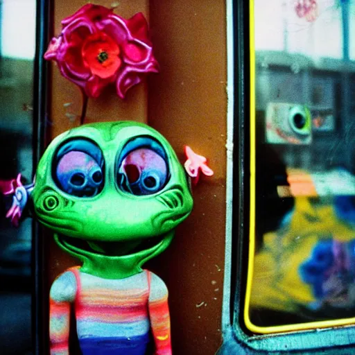 Image similar to colourful, friendly, happy, flowery, existential alien from the movie alien at a bus stop in new york, 3 5 mm lens.