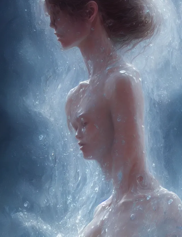 Prompt: A woman made of water and mist, masterpiece digital painting by Alex Grey, Greg Rutkowski, artstation, 4k wallpaper