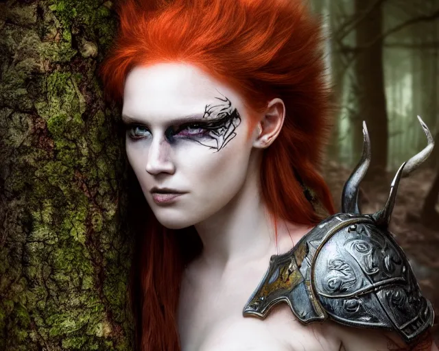 Image similar to 5 5 mm portrait photo of an armored gorgeous anesthetic redhead woman warrior with a face tattoo and horns growing from her head, in a magical forest. by luis royo. highly detailed 8 k. intricate. lifelike. soft light. nikon d 8 5 0. cinematic post - processing