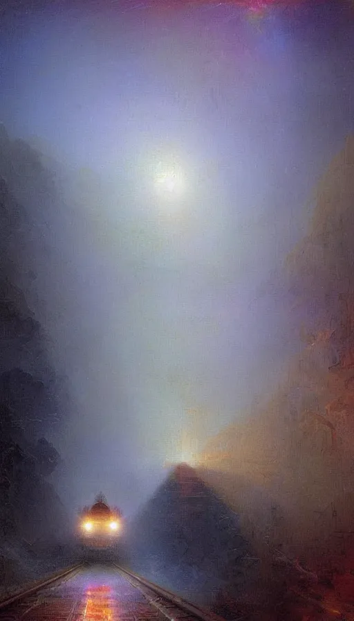 Image similar to a train driving through a psychedelic tunnel, by ivan aivazovski,