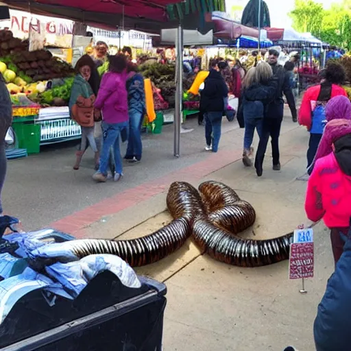 Prompt: giant worm attacking a farmers market, crowd fleeing, horror,