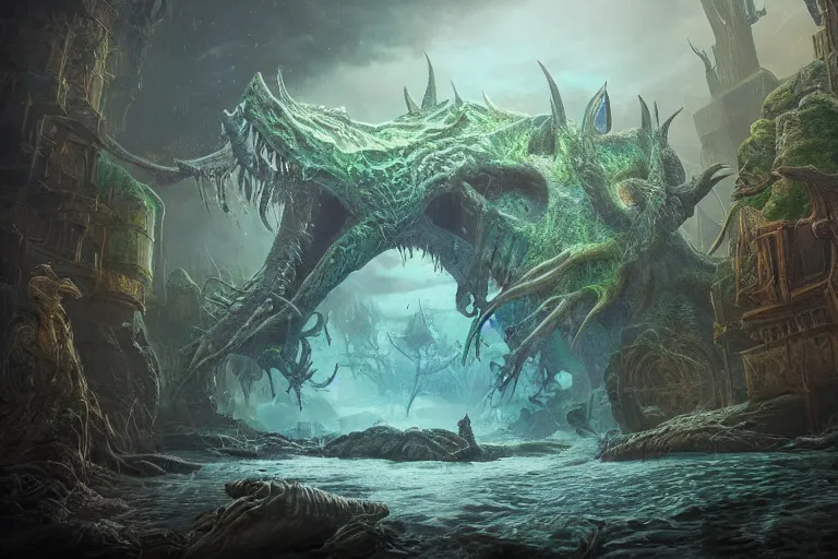 Image similar to highly detailed portrait photo of a huge mûmakil-yogg-saron, in a scenic dystopian environment, hyperrealistic Illustration