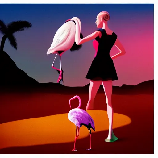 Image similar to A surreal comic noir illustration containing Natalie Portman and Flamingos on a desert beach oasis by Salvador Dali, dark vibes, high contrast, pastel lighting, cinematic, depth of field, 8k