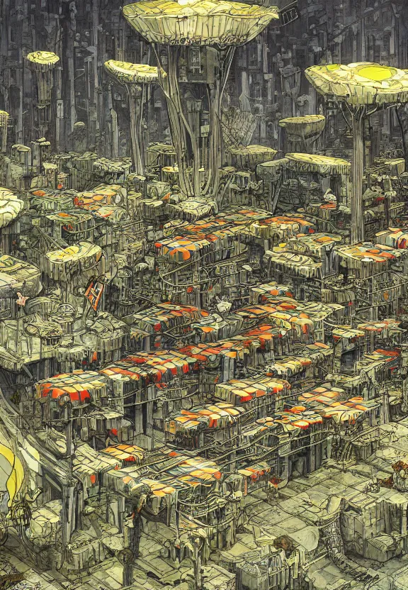 Image similar to [Underground colony with checkered! flags, brutalism and little mushrooms. Propaganda! poster!, intricate, elegant, highly detailed, digital painting, artstation, concept art, matte, sharp focus, illustration, art by Enki Bilal and Moebius]