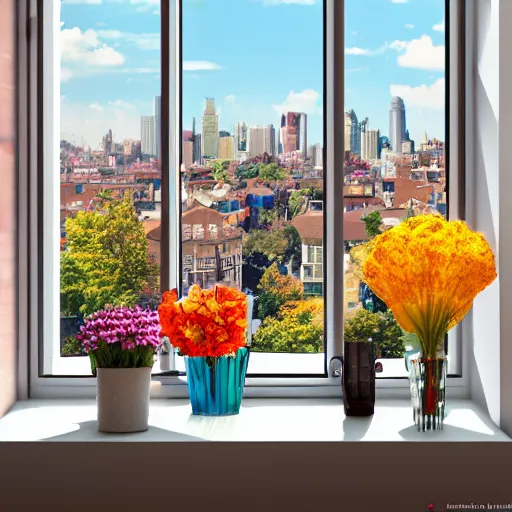 Image similar to a vase with a colorful and beautiful flower arrangement, placed on the windowsill. through the window you can see the beautiful city. noon. beautiful lighting, 4 k post - processing, trending in art station, cg society, highly detailed, 5 k extremely detailed, 3 d. cinematic scene.