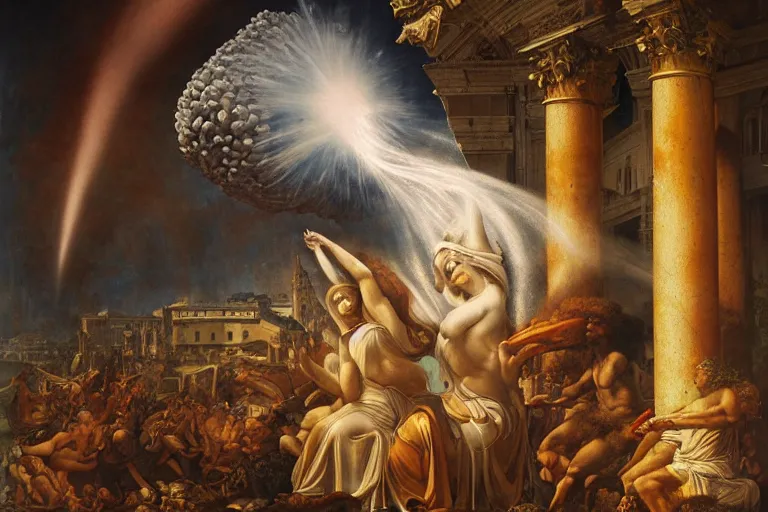 Image similar to an epic destructive nuclear explosion at renaissance florence italy during daylight in the style of michaelangelo, dino valls, peter mohrbacher, james jean, horror element, nightmare, beautiful, nuclear mushroom smoke