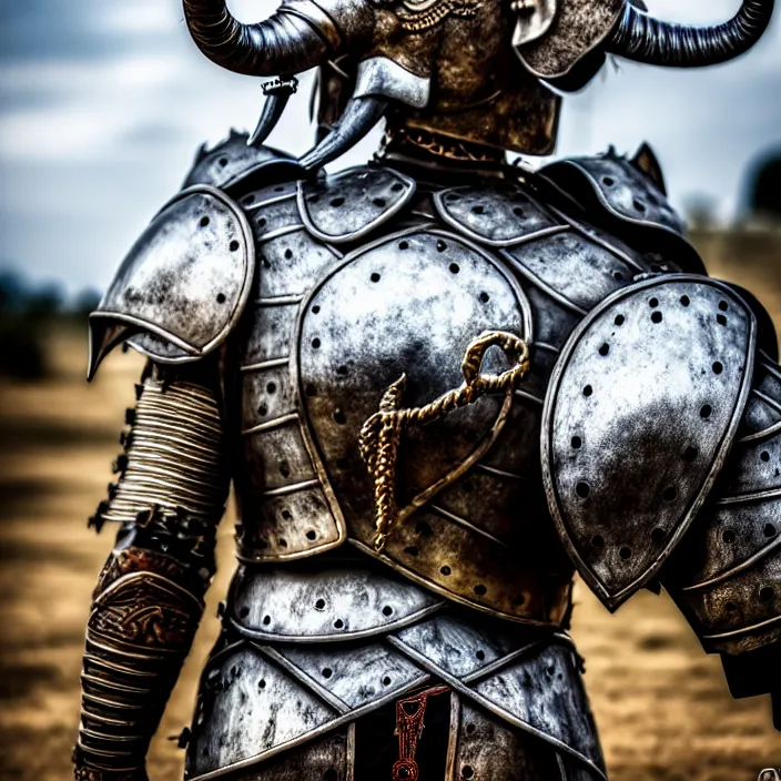 Image similar to photo of a warrior with metal elephant themed armour, highly detailed, 4 k, hdr, smooth, sharp focus, high resolution, award - winning photo