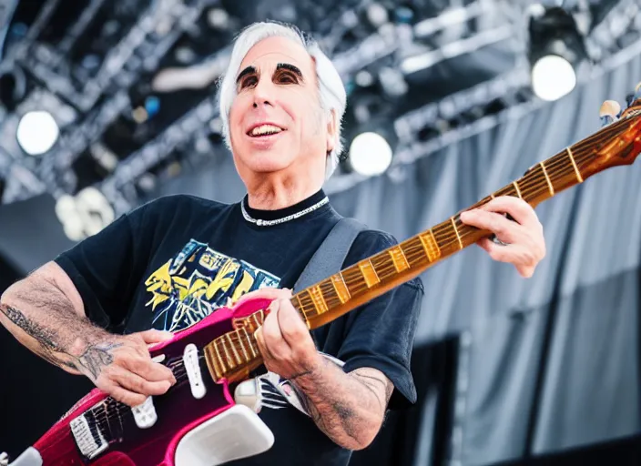 Image similar to photo still of henry winkler on stage at vans warped tour!!!!!!!! at age 3 3 years old 3 3 years of age!!!!!!!! shredding on guitar, 8 k, 8 5 mm f 1. 8, studio lighting, rim light, right side key light