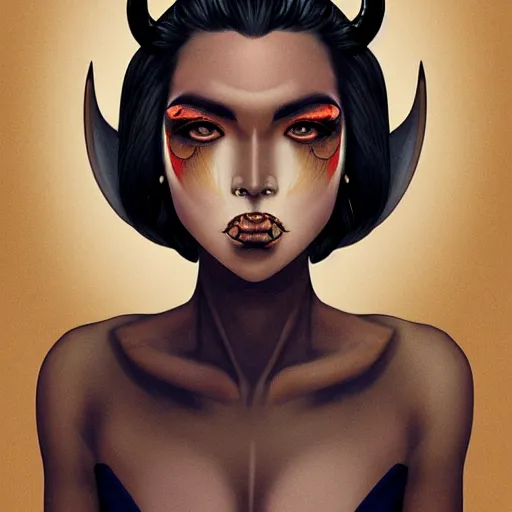 Image similar to illustrated realistic portrait of ram-horned devil woman with blue bob hairstyle and her tan colored skin and with solid black eyes wearing leather by rossdraws