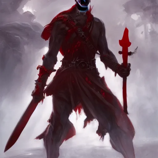 Image similar to wide shot, fantasy painting of a pale man with a two-handed black blade covered in red runes, painted by Bayard Wu, ultra detailed, 8k