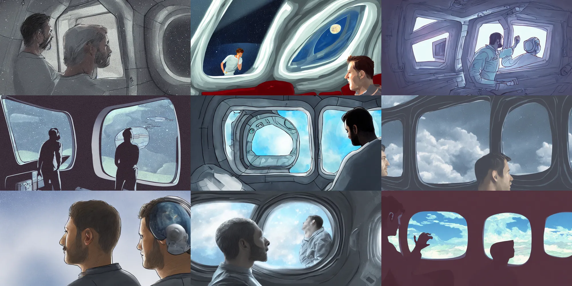 Prompt: a realistic illustration, digital art of a man looking out the window of a spaceship