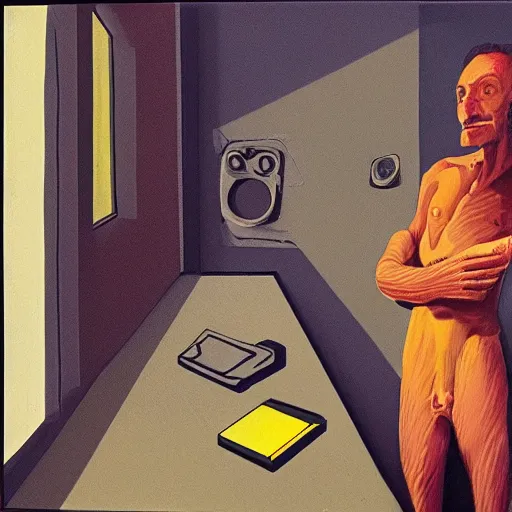 Image similar to a man begs his computer and monitor for more dalle 2 prompts. the apocalypse outside his giant apartment window. oil painting, 1 9 7 0 s