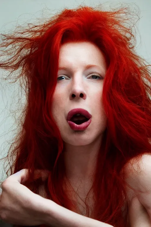 Prompt: A beautiful clothed woman with red hair, mouth slightly open, looking at the camera, award winning photograph by Annie Liebowitz