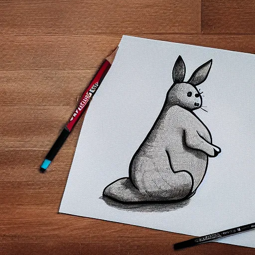 Image similar to schematic drawing of big chungus with pencils and triangle ruler lying next to the drawing