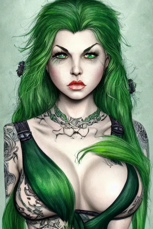 Prompt: green hair tattooed pinup hannah murray, rogue bard, feathers, baldurs gate, diablo, dnd, hulking, herculean, deep focus, turnaround, fantasy, intricate, elegant, highly detailed, digital painting, artstation, concept art, matte, sharp focus, illustration, hearthstone, art by artgerm and greg rutkowski and alphonse mucha.