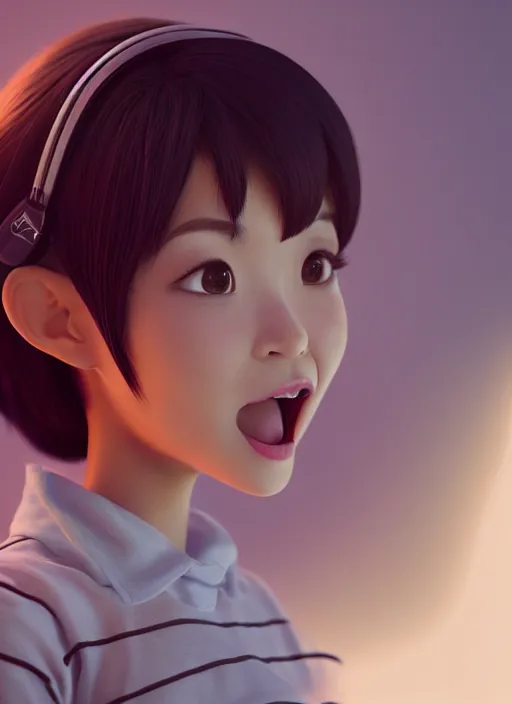 Image similar to a cute Asian girl singing, short stylish hair in the style of pixar animation, mid-shot, low angle view, 16mm lens, award winning, hyper detailed, studio lighting, artstation, octane renderer, unreal engine