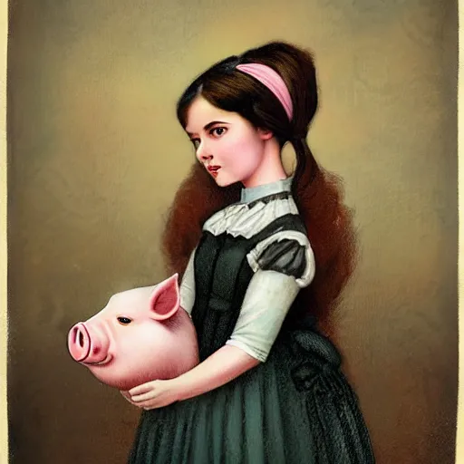 Prompt: a cute victorian girl with pig, illustration, 8 k, by roby dwi antono, by mark ryden