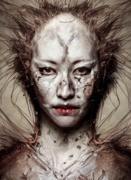 Prompt: expressive face potrait photo of a clothed butoh dancer, glamour shot, by jenny saville, by stefan gesell, photorealistic, canon r 3, fashion photography, hyper maximalist, elegant, ornate, luxury, elite, environmental portrait, symmetrical features, octane render, unreal engine, solid dark grey background, dramatic lights