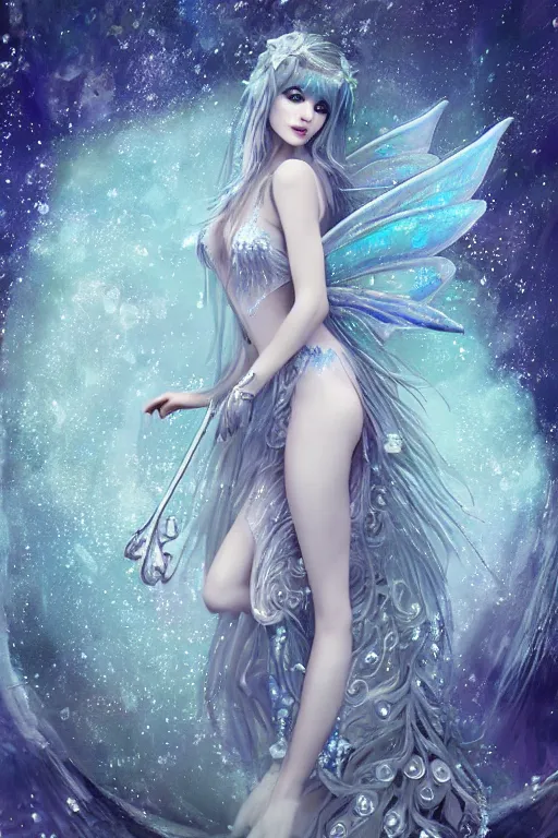 Prompt: a moon fairy dressed in intricate silver clothing surrounded by water particles above a serene pond, fantasy, wlop, trending on artstation, deviantart, anime key visual, official media, professional art, 8 k uhd