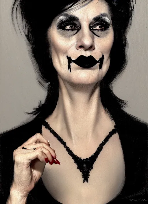 Prompt: portrait of a middle - aged woman with a crooked nose and a confident expression, 1 9 6 0 s, black clothes, goth, punk, funk, intricate, elegant, highly detailed, digital painting, artstation, concept art, smooth, sharp focus, illustration, art by wlop, mars ravelo and greg rutkowski