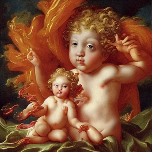 Prompt: cherubs with flaming hot cheetos for hair, extremely detailed, a baroque painting, rococo style