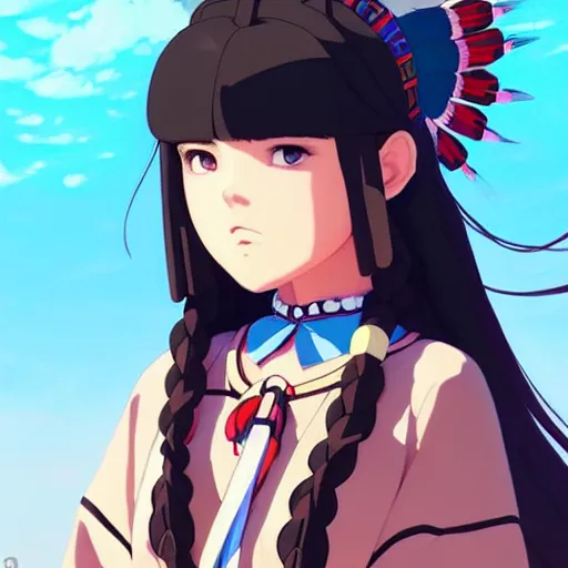 Image similar to a beautiful! plus sized native women instagram model, wearing catholic school girl outfit with mayan pattern and native style, jrpg aztec street fashion, gapmoe yandere grimdark, trending on pixiv fanbox, painted by greg rutkowski makoto shinkai takashi takeuchi studio ghibli, akihiko yoshida