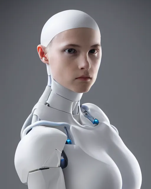 Image similar to 3 / 4 portrait photo by bouguereau of female dancer as a cyberpunk mecha humanoid robotic parts with bright led lights over neck, inside white room, ultra - realistic and detailed, 8 k