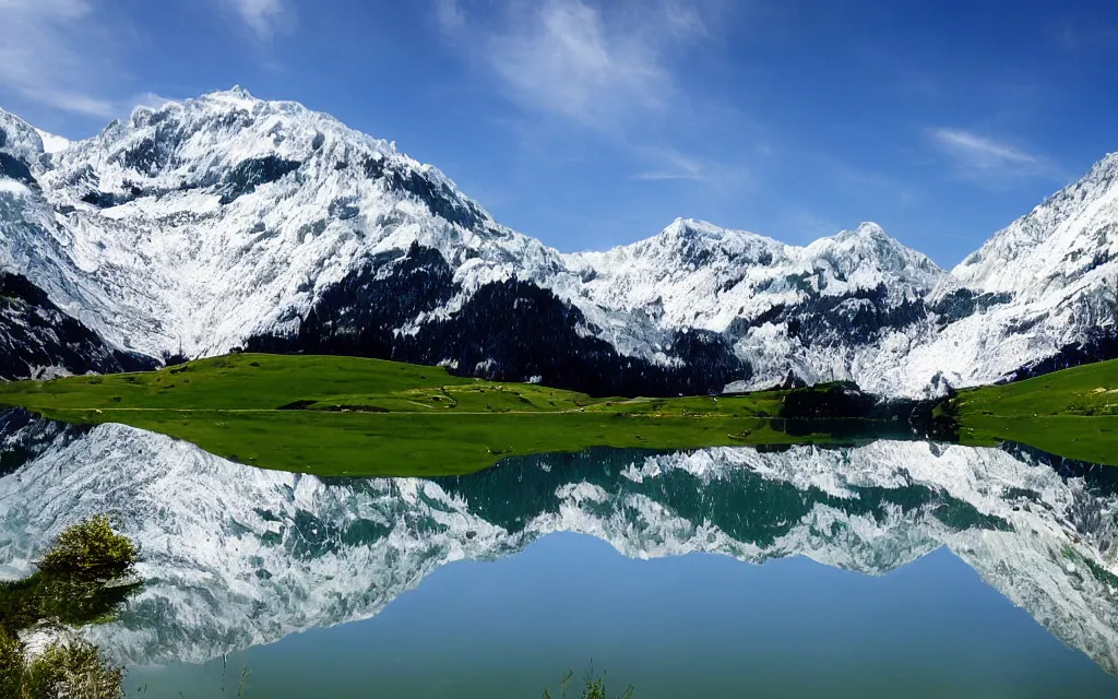 Prompt: the alps and reflection in a lake in the style of georgia o keefe