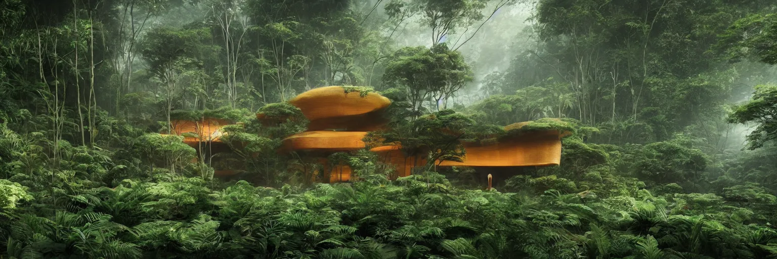 Prompt: A spatially unique living environment influenced by Japanese metabolism architecture somewhere in the rainforest. The structure is wrapped in a protective cellmembran like shell which makes it one cohesive form. Imagined by Renzo Piano. Caught in the flow of time. Sense of awe. Atmospheric. Cinematic. Mist. Color scheme red, gold, green gradient. Wide shot. Octane render. Matte painting in the style of Sparth, Craig Mullins, Pascal Blanche