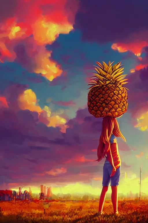 Prompt: closeup, giant pineapple head, girl in djungle, surreal photography, golden hour, colorful clouds, impressionist painting, digital painting, artstation, simon stalenhag