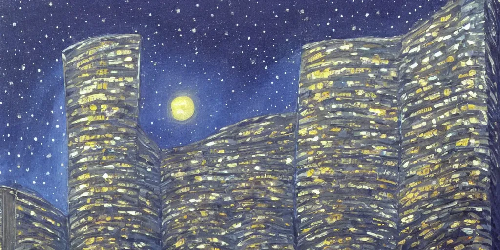 Image similar to stary night painting, norman foster tower, house, city