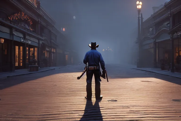 Prompt: third person view of a cowboy, carrying a gun, on a victorian shopping mall, cinematic lightning, ray tracing, unreal engine 5, photorealistic, 8 k, uhd, 4 k, red dead redemption 2 game concept, extremely detailed, beautiful, elegant, intricate, foggy, in - game footage