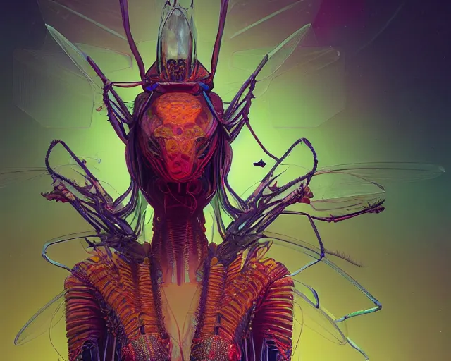 Image similar to mantis queen, intricate abstract. intricate artwork, by tooth wu, wlop, beeple, dan mumford. concept art, octane render, trending on artstation, greg rutkowski very coherent symmetrical artwork. cinematic, key art, hyper realism, high detail, octane render, 8 k, iridescent accents