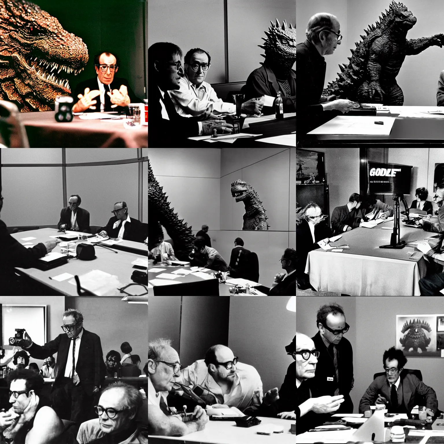 Prompt: godzilla is seated at a conference table with a mike and jean - luc godard. jean - luc godard and godzilla are both answering questions. award winning photography