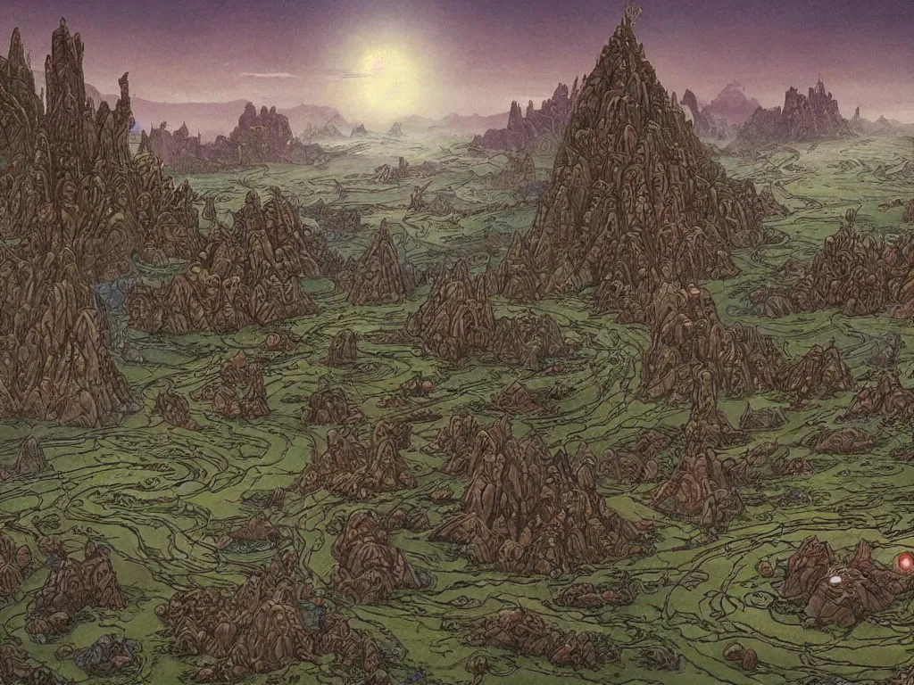 Image similar to fantasy landscape made by moebius with a 8 eyed humanoid god dealing cards over a medieval field