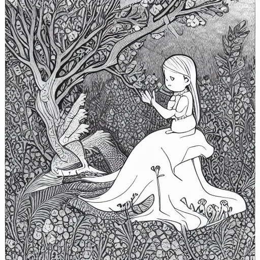 Prompt: a beautiful pencil on paper line illustration of a little girl and her dragon sitting on a hill, watching the sunset. Intricated details, flowers, trees, beautiful line work