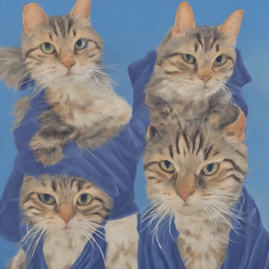 Image similar to oil painting portrait of a cat wizard wearing blue robes