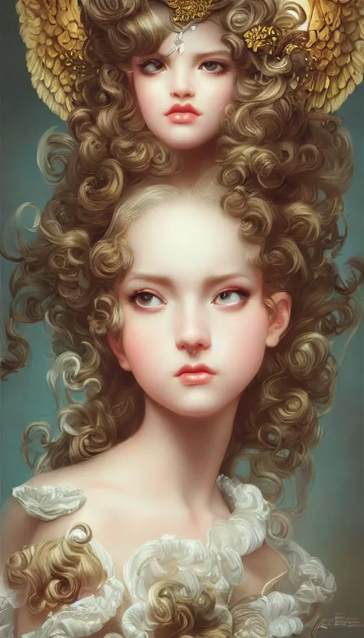Image similar to pop surrealism, rococo, baroque hair, angelic young female seductive - fine - face, pretty face, key visual, realistic shaded perfect face, fine details by stanley artgerm lau, wlop, mark ryden, andrei riabovitchev, marc simonetti, and sakimichan, trending on artstation