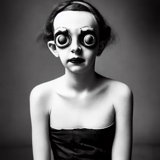 Image similar to old monochrom portrait photography of a beautiful cyclops girl with a single eye wearing a black dress, in a victorian interior, by man ray, alfred ghisoland, gemmy woud - binendijk, erwin olaf, 4 k,