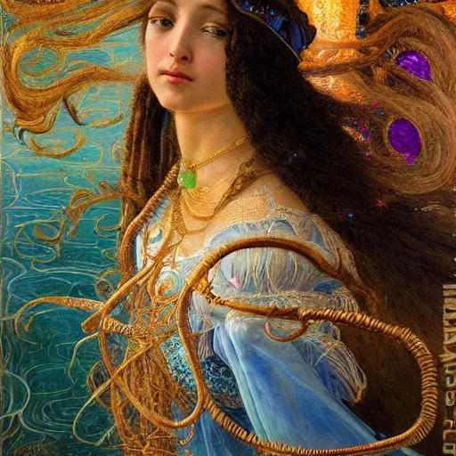 Prompt: intricate detail, hyper detail, by gaston bussiere, sandro botticelli, lady of elche, techno mystic princess intergalactica, inanna, ashteroth, with neon aqua rapunzel dreadlocks, detailed, masterpiece, sharp focus,