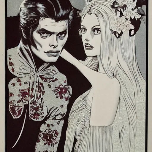 Image similar to 1 9 6 0 s symmetrical pretty elegant brigitte bardot as a vampire with alain delon, very detailed intricate intaglio, style of takato yamamoto lots of flowers