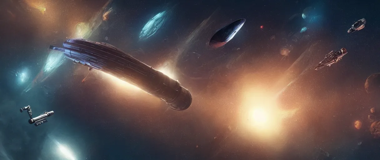 Image similar to illustration, a single small spaceship, deep space exploration, alone, the expanse tv series, industrial design, battlestar galactica tv series (2004), cinematic lighting, 4k, greebles, widescreen, wide angle, sharp and blocky shapes, hubble photography, the final frontier, beksinski, neon lights