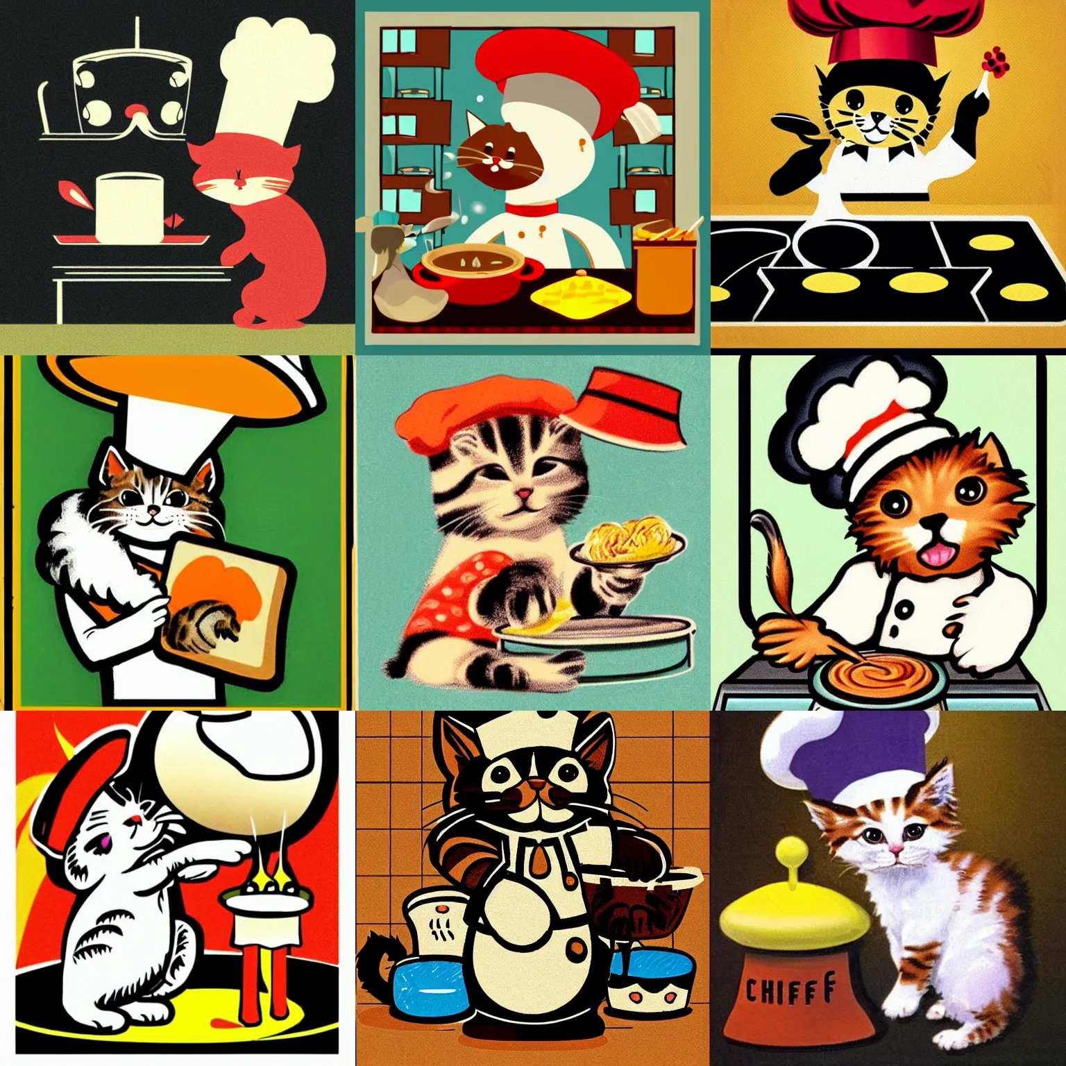 Prompt: retro art of a cute fuzzy kitten wearing a chef's hat cooking